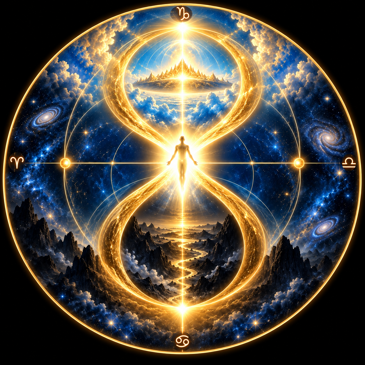 Figura umana luminosa al centro di un percorso cosmico a forma di infinito, fra discesa nella manifestazione e risalita verso l’Uno